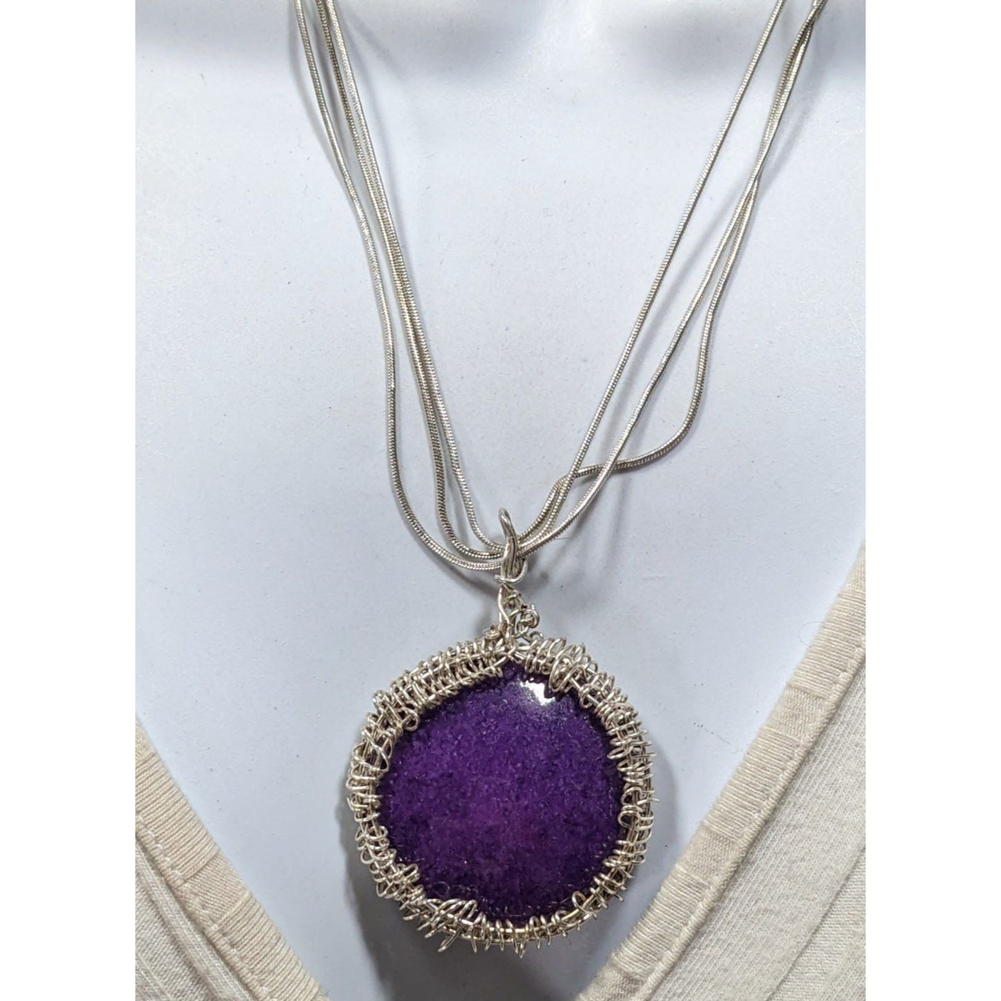 Whimsical Handmade Wire Wrapped Purple Stone On Layered Silver Tone Chain