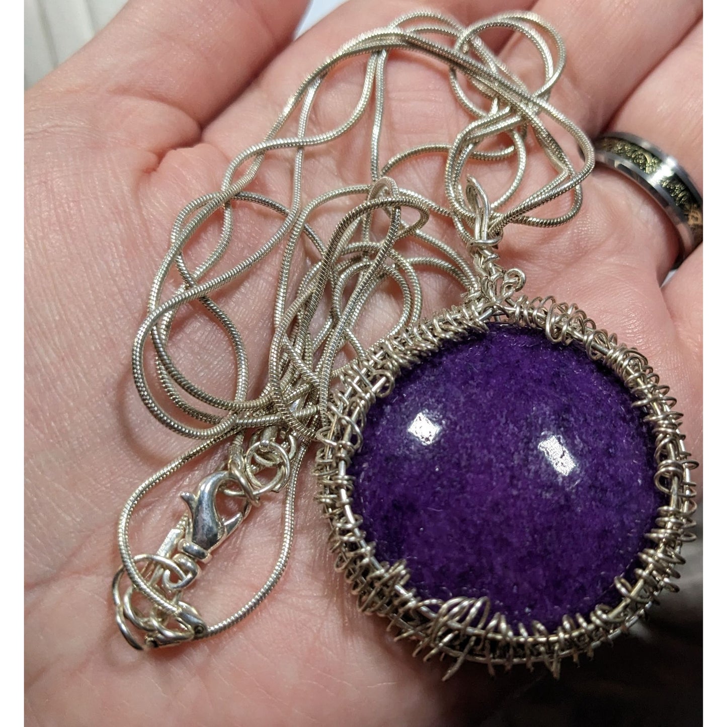 Whimsical Handmade Wire Wrapped Purple Stone On Layered Silver Tone Chain