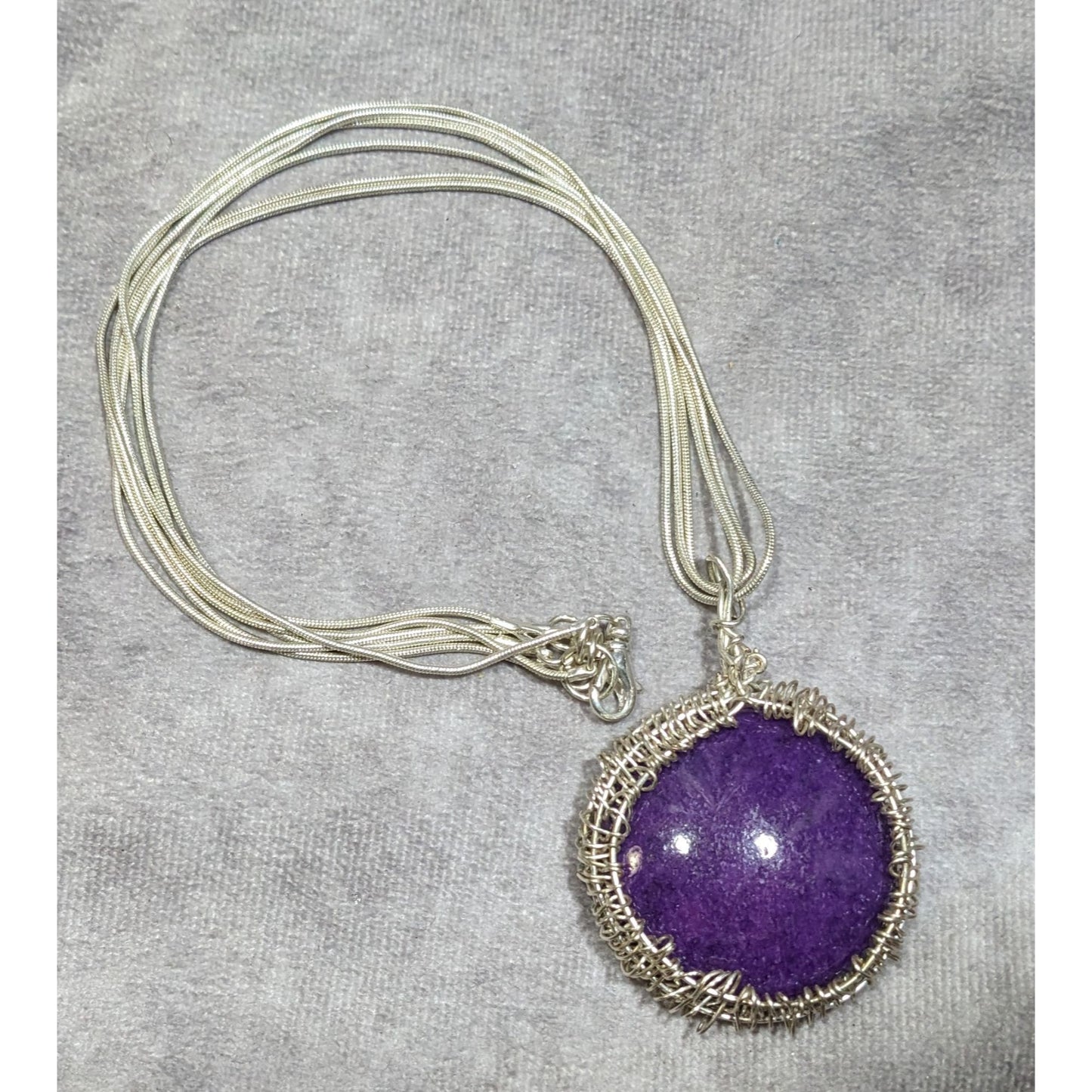 Whimsical Handmade Wire Wrapped Purple Stone On Layered Silver Tone Chain