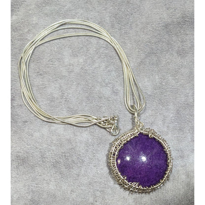 Whimsical Handmade Wire Wrapped Purple Stone On Layered Silver Tone Chain