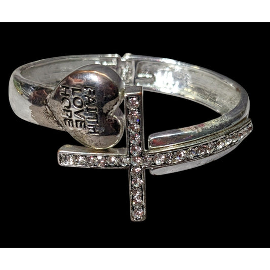 Faith Hope Love Silver Tone Rhinestone Cross Hinge Bracelet