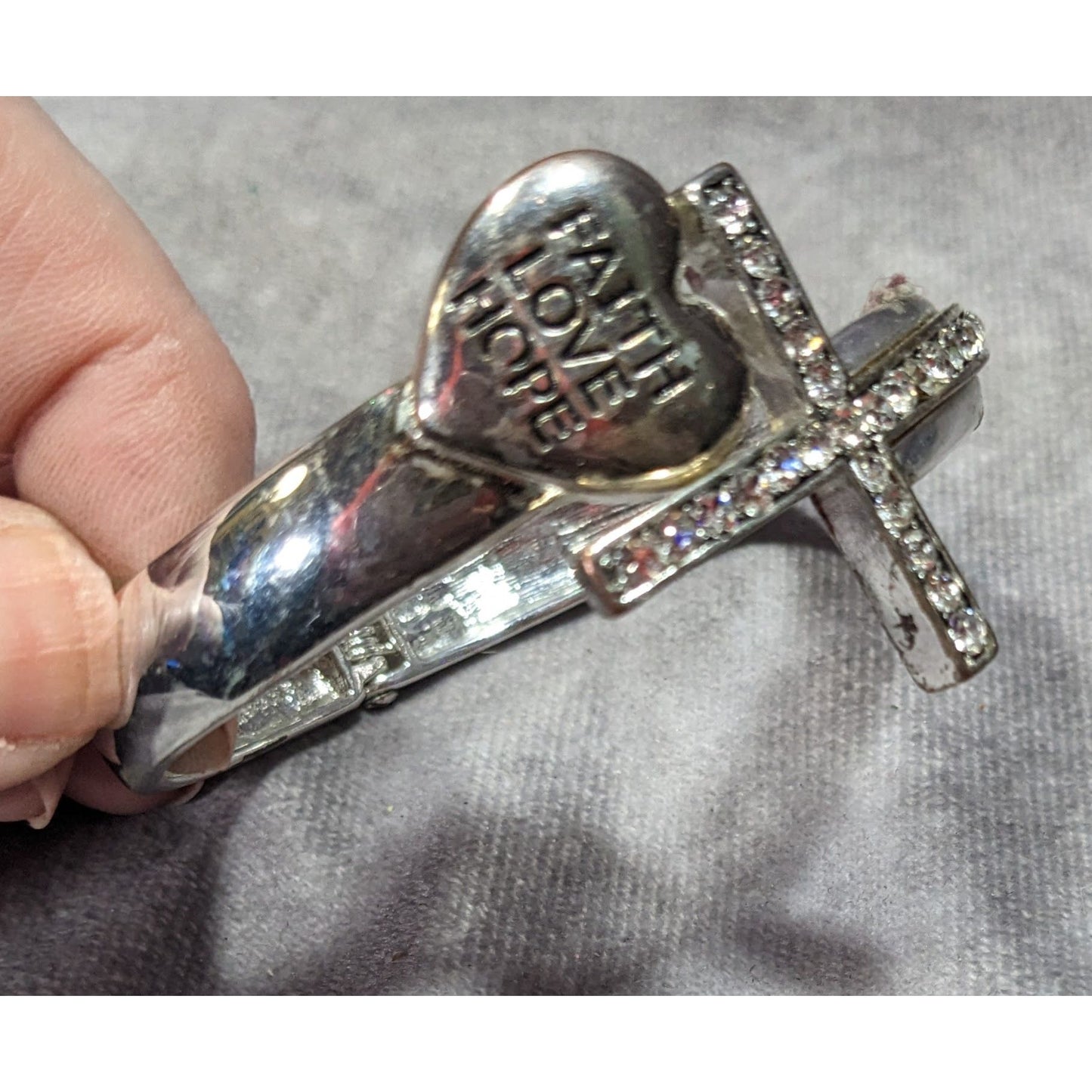 Faith Hope Love Silver Tone Rhinestone Cross Hinge Bracelet