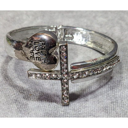 Faith Hope Love Silver Tone Rhinestone Cross Hinge Bracelet