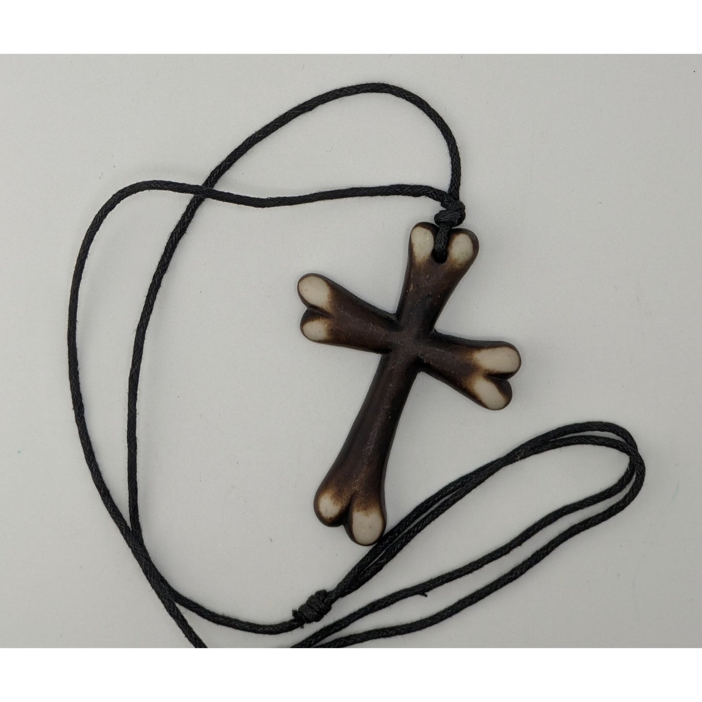 Wood Look Cross Necklace Adjustable Black Brown Rustic Medieval Religious