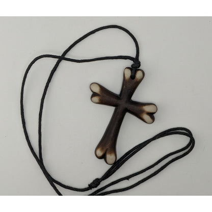 Wood Look Cross Necklace Adjustable Black Brown Rustic Medieval Religious