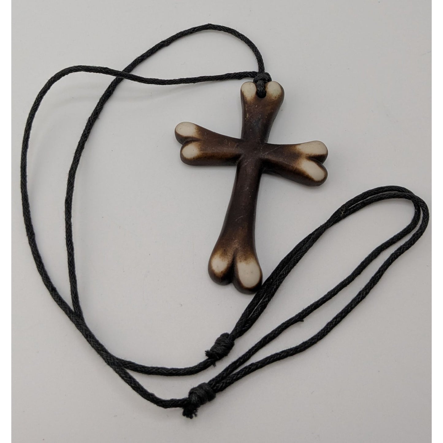 Wood Look Cross Necklace Adjustable Black Brown Rustic Medieval Religious