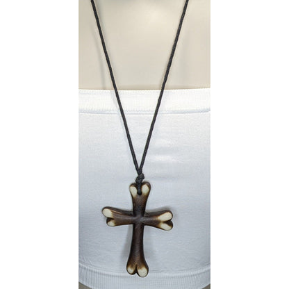 Wood Look Cross Necklace Adjustable Black Brown Rustic Medieval Religious