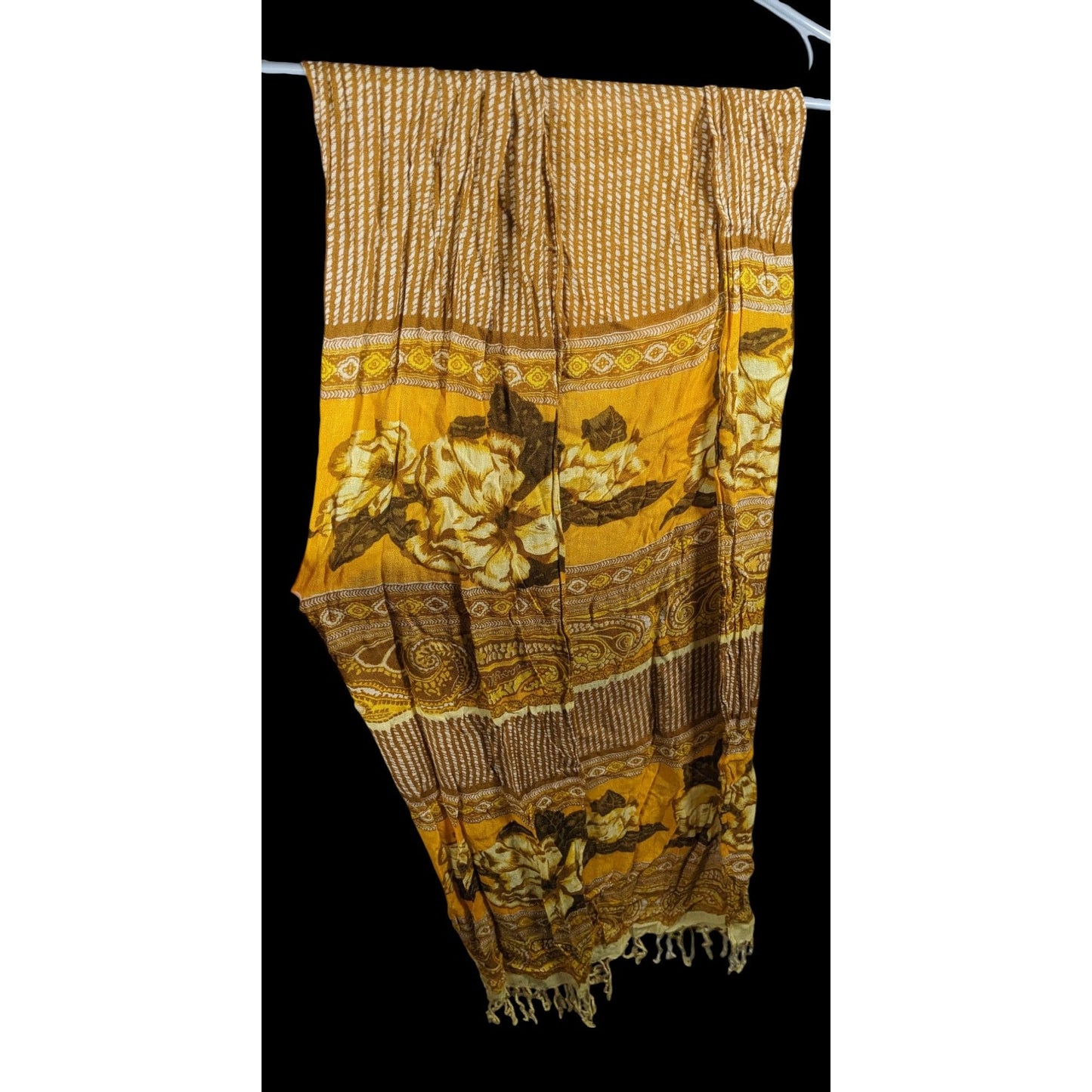 Vintage Isaac Miazrahi Yellow And Brown Floral Paisley Fringe Scarf