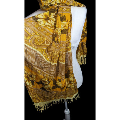 Vintage Isaac Miazrahi Yellow And Brown Floral Paisley Fringe Scarf