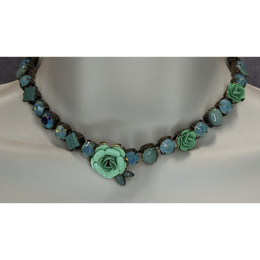 Vintage Mary DeMarco Floral Necklace Gemmed Blue Green Gold Fairycore