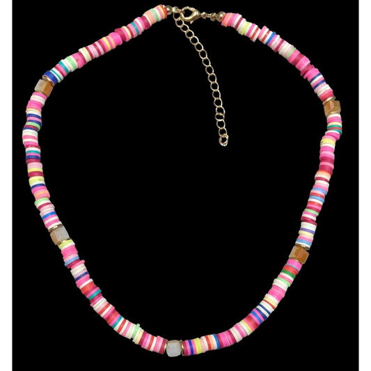 Pink Vinyl Disc Beaded Necklace With Faceted Glass Accents