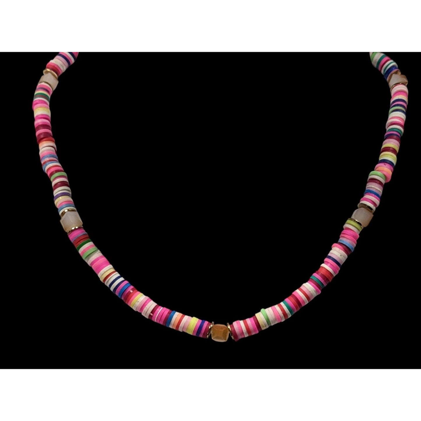 Pink Vinyl Disc Beaded Necklace With Faceted Glass Accents
