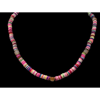 Pink Vinyl Disc Beaded Necklace With Faceted Glass Accents
