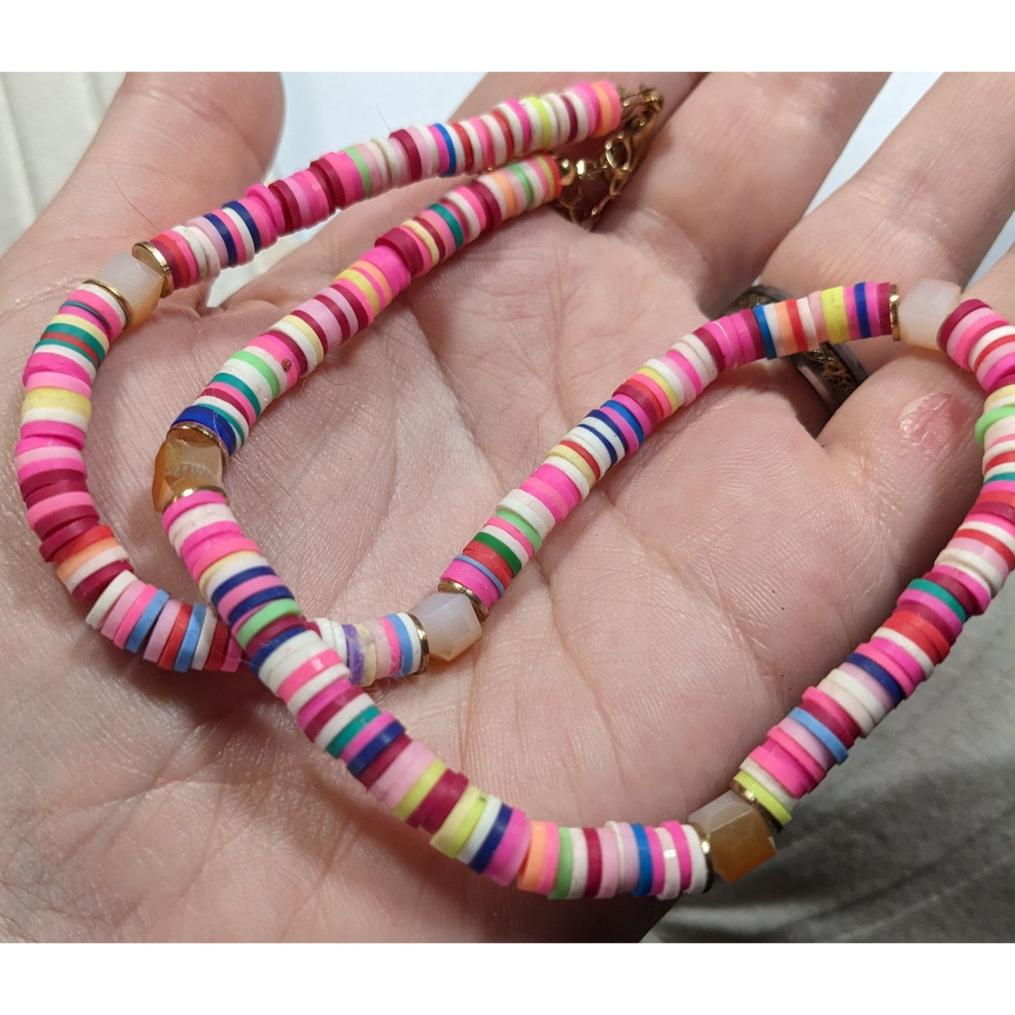 Pink Vinyl Disc Beaded Necklace With Faceted Glass Accents