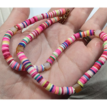 Pink Vinyl Disc Beaded Necklace With Faceted Glass Accents