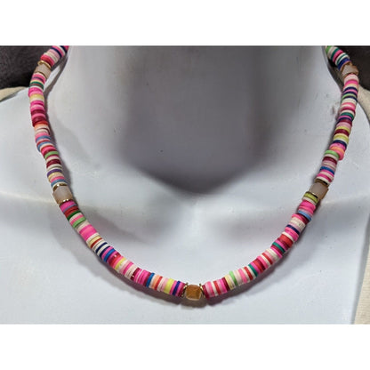 Pink Vinyl Disc Beaded Necklace With Faceted Glass Accents