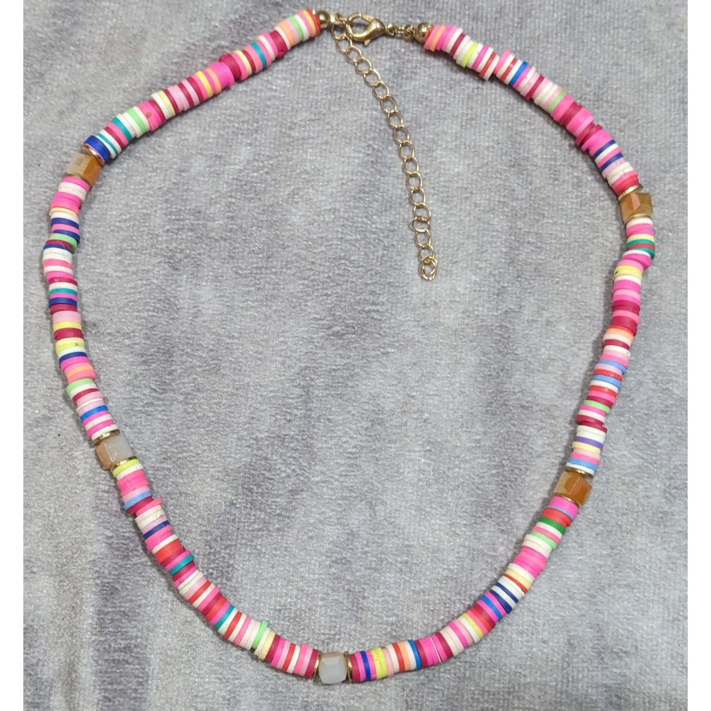 Pink Vinyl Disc Beaded Necklace With Faceted Glass Accents