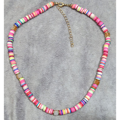 Pink Vinyl Disc Beaded Necklace With Faceted Glass Accents
