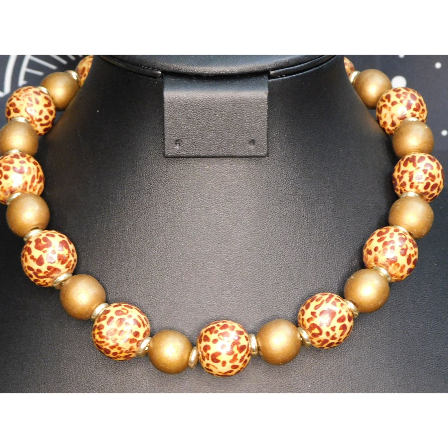 Vintage Wooden Leopard Print Painted Beaded Necklace