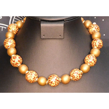 Vintage Wooden Leopard Print Painted Beaded Necklace