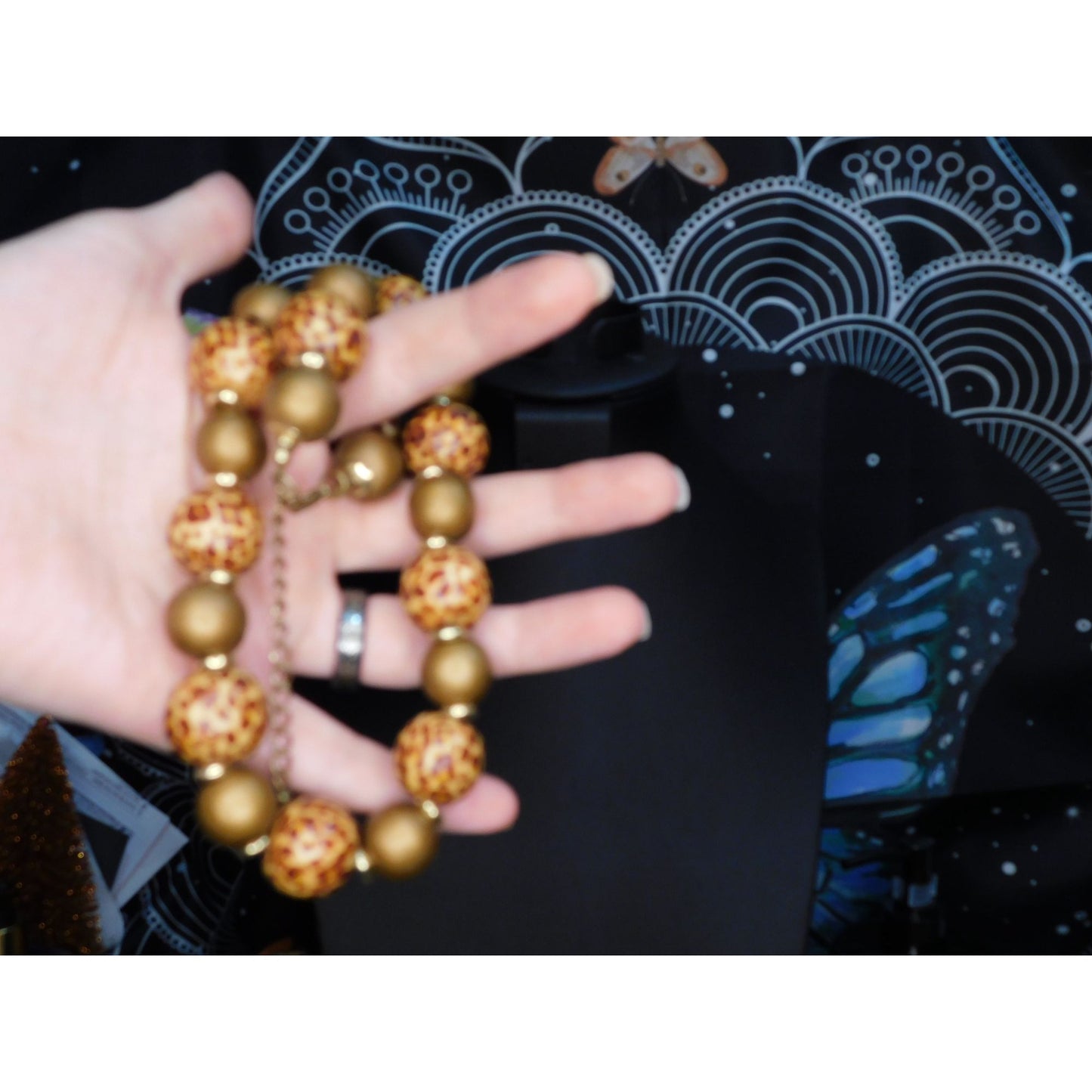 Vintage Wooden Leopard Print Painted Beaded Necklace