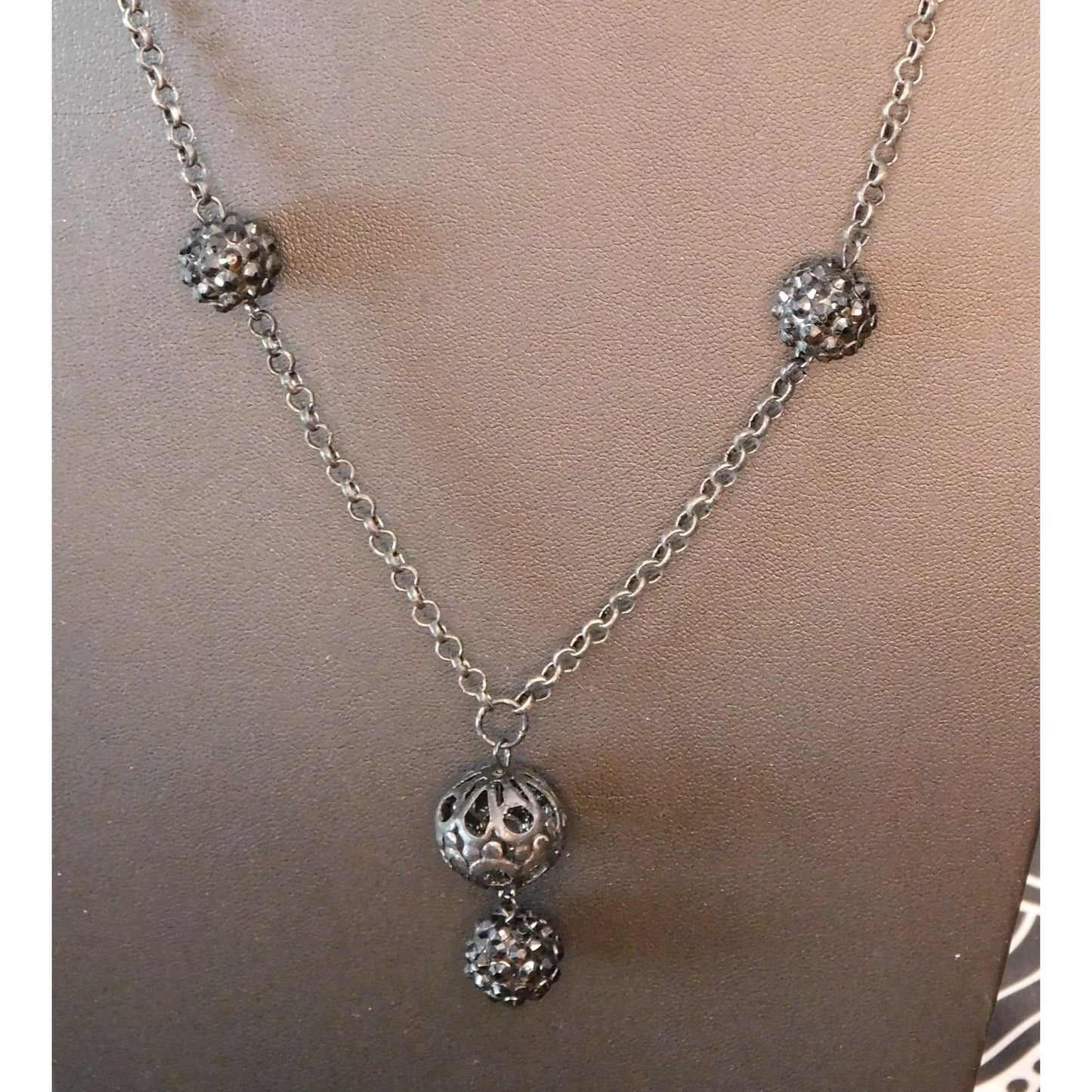 Gothic Rhinestone Orb Necklace On Silver Tone Chain