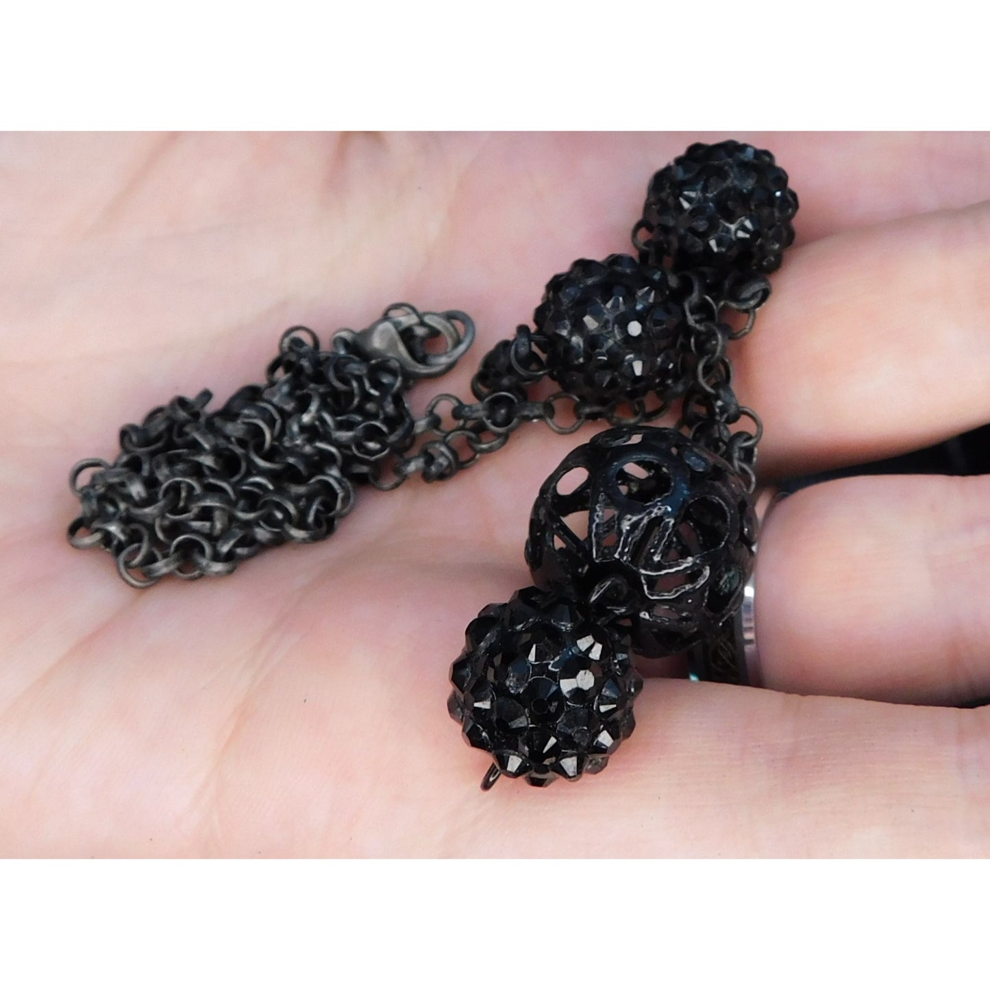 Gothic Rhinestone Orb Necklace On Silver Tone Chain