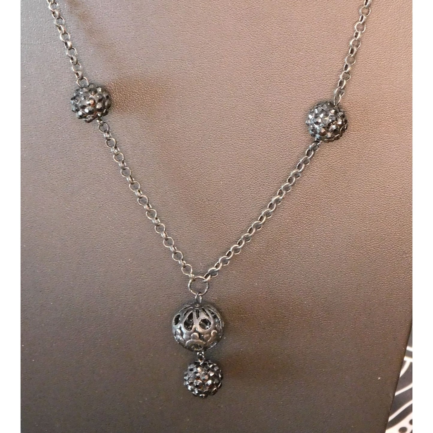 Gothic Rhinestone Orb Necklace On Silver Tone Chain