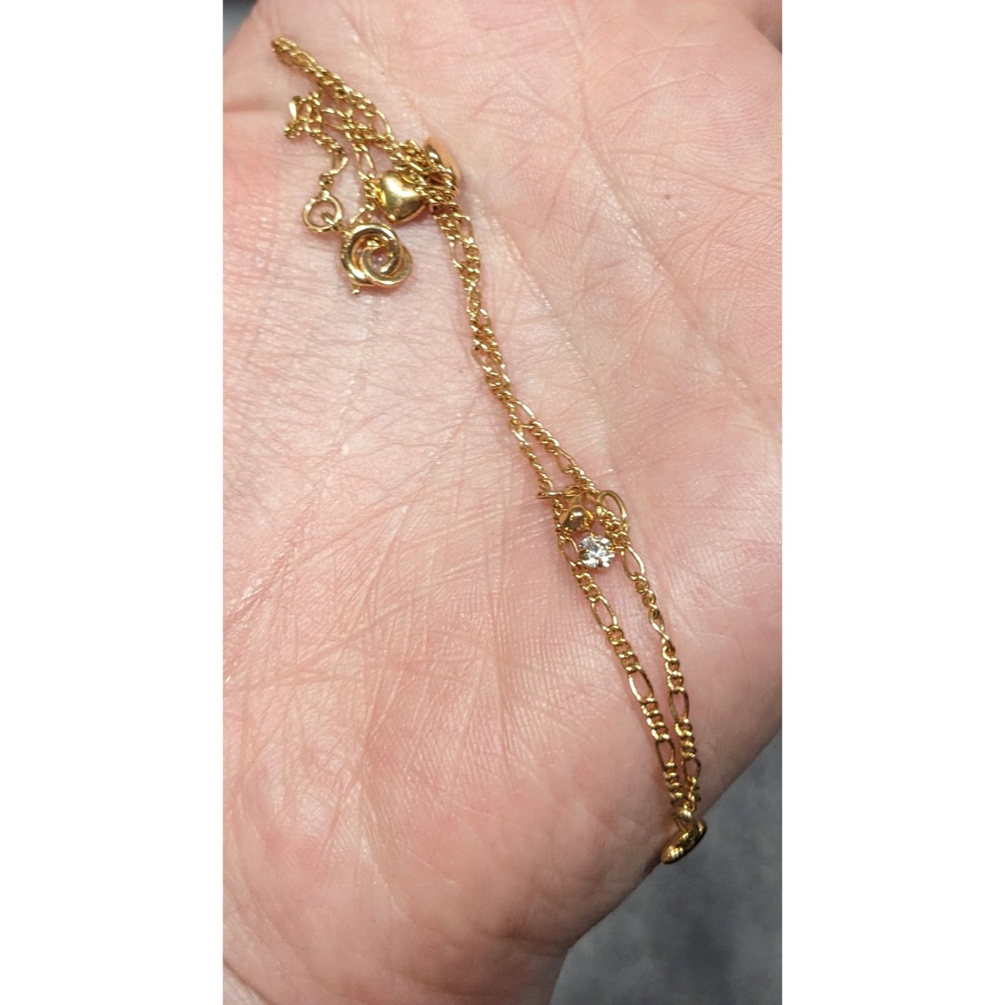 Dainty Heart And Rhinestone Gold Tone Charm Bracelet