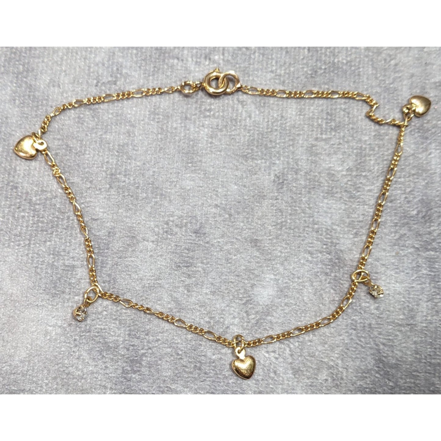 Dainty Heart And Rhinestone Gold Tone Charm Bracelet