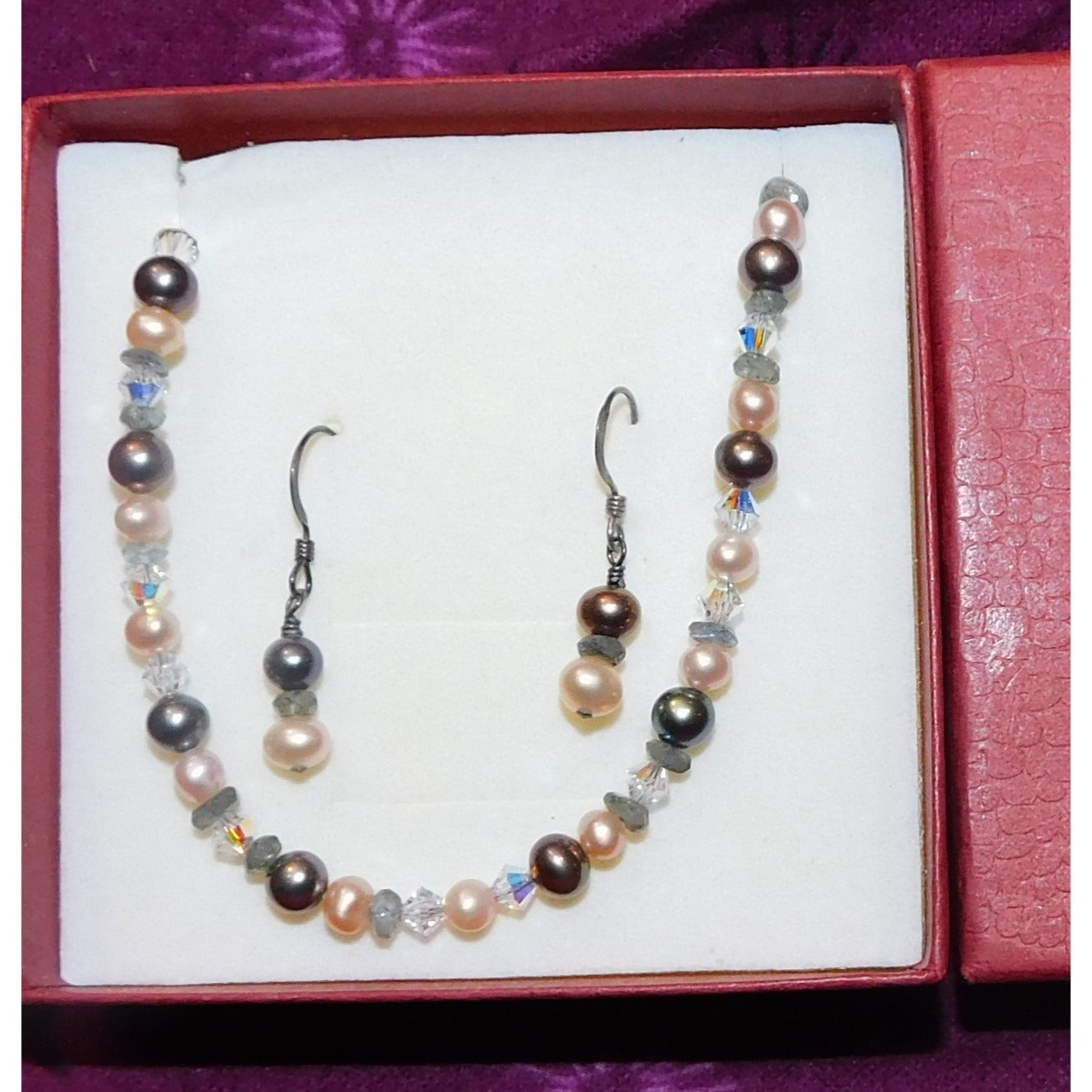 Sterling Pearl And Glass Jewelry Gift Set  (Bracelet And Earrings)