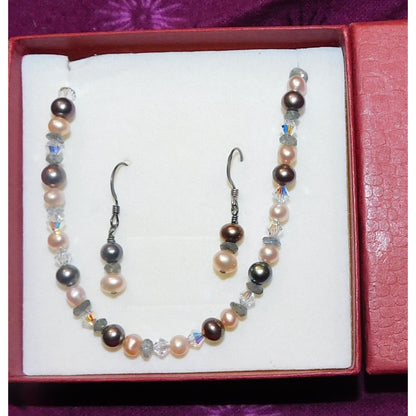 Sterling Pearl And Glass Jewelry Gift Set  (Bracelet And Earrings)
