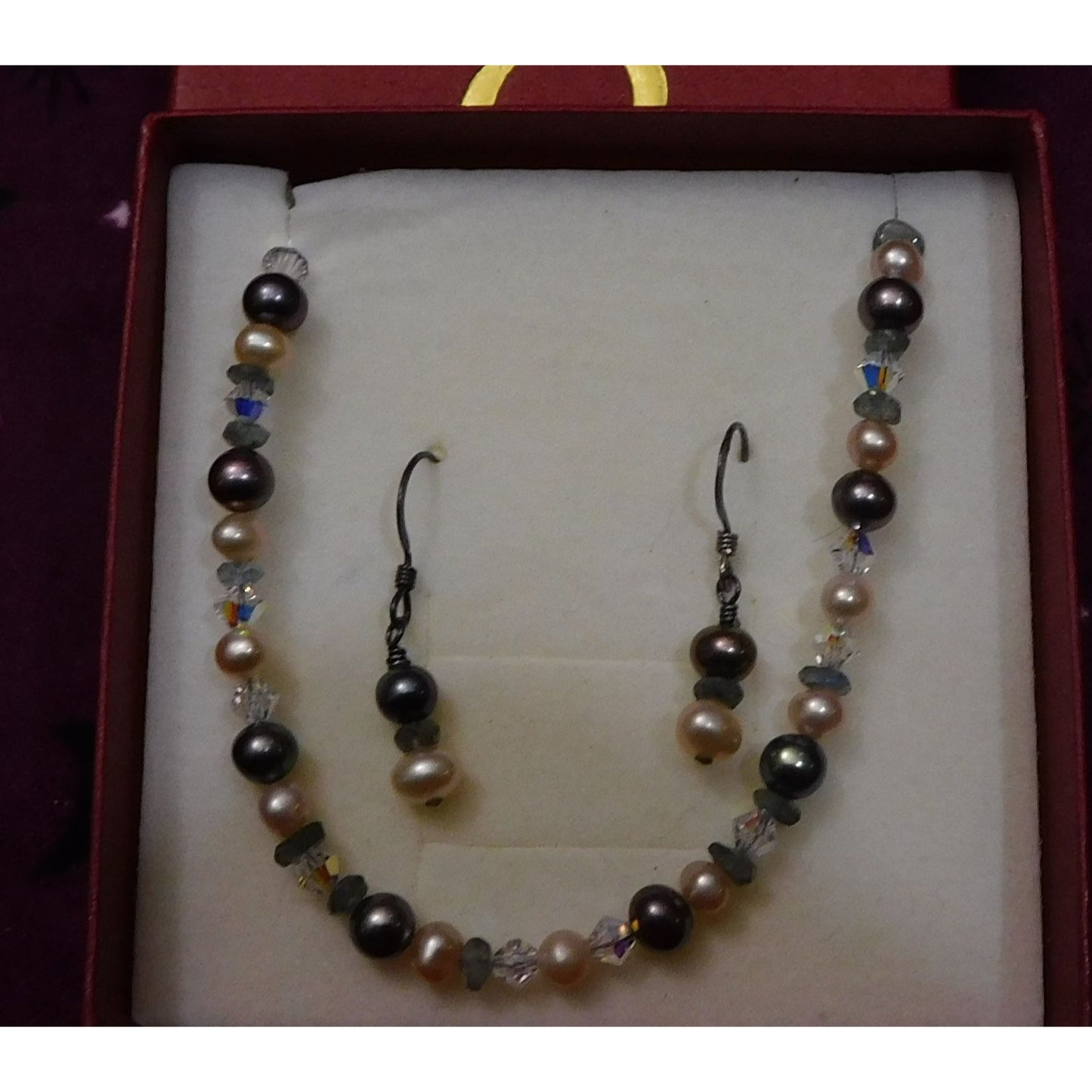 Sterling Pearl And Glass Jewelry Gift Set  (Bracelet And Earrings)