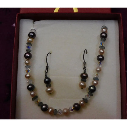 Sterling Pearl And Glass Jewelry Gift Set  (Bracelet And Earrings)