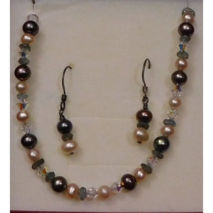 Sterling Pearl And Glass Jewelry Gift Set  (Bracelet And Earrings)