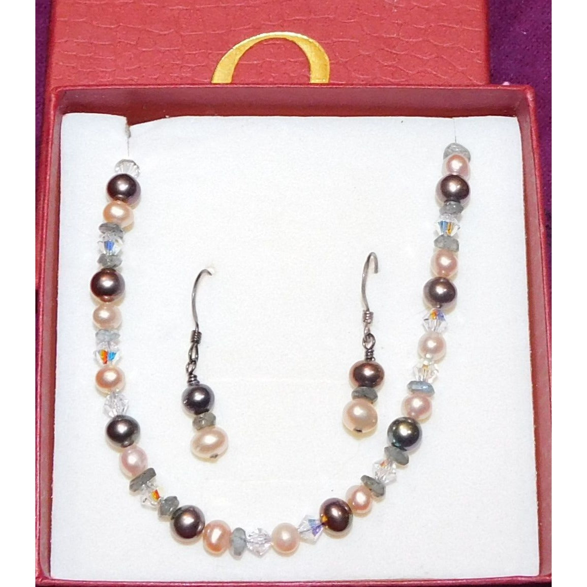 Sterling Pearl And Glass Jewelry Gift Set  (Bracelet And Earrings)