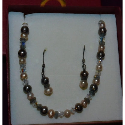 Sterling Pearl And Glass Jewelry Gift Set  (Bracelet And Earrings)
