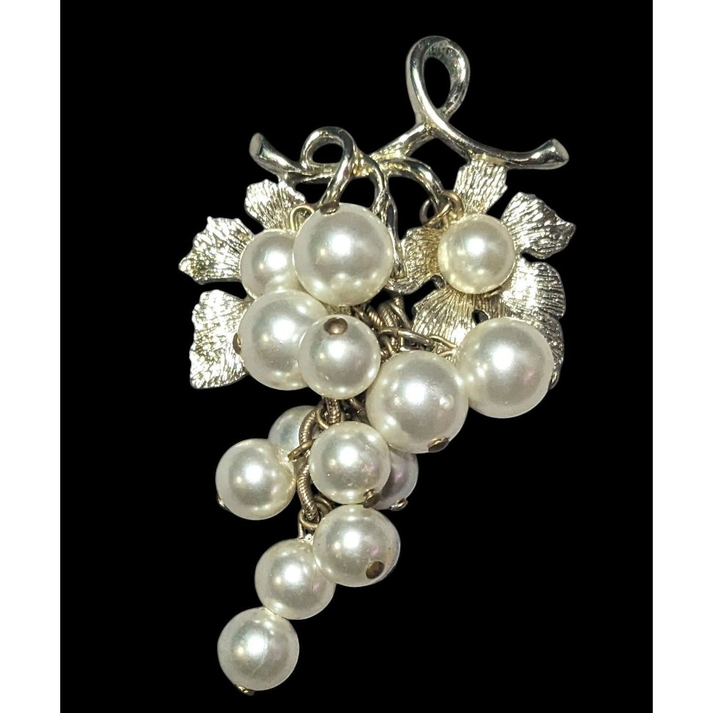 Vintage Glam Grape Bunch Faux Pearl Light Gold Tone Brooch