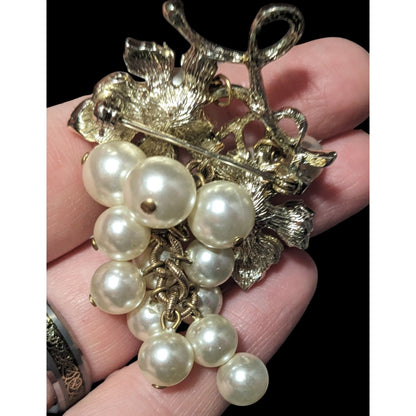 Vintage Glam Grape Bunch Faux Pearl Light Gold Tone Brooch