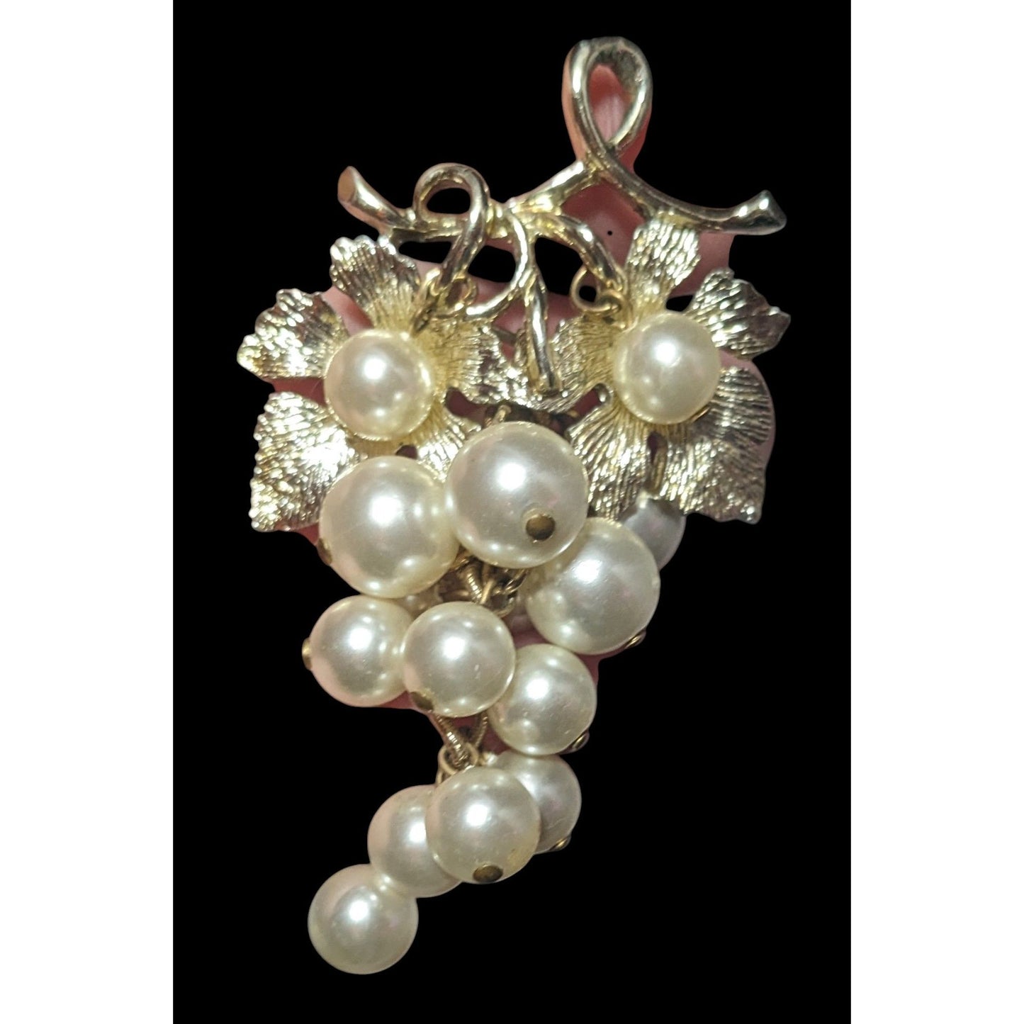 Vintage Glam Grape Bunch Faux Pearl Light Gold Tone Brooch