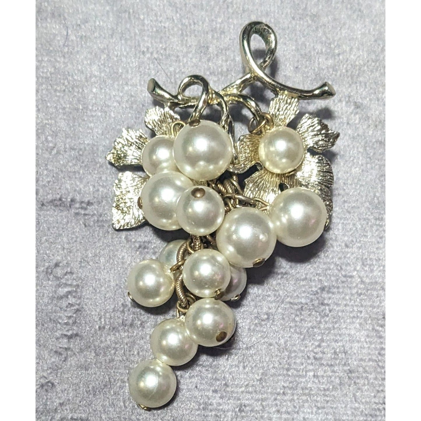 Vintage Glam Grape Bunch Faux Pearl Light Gold Tone Brooch