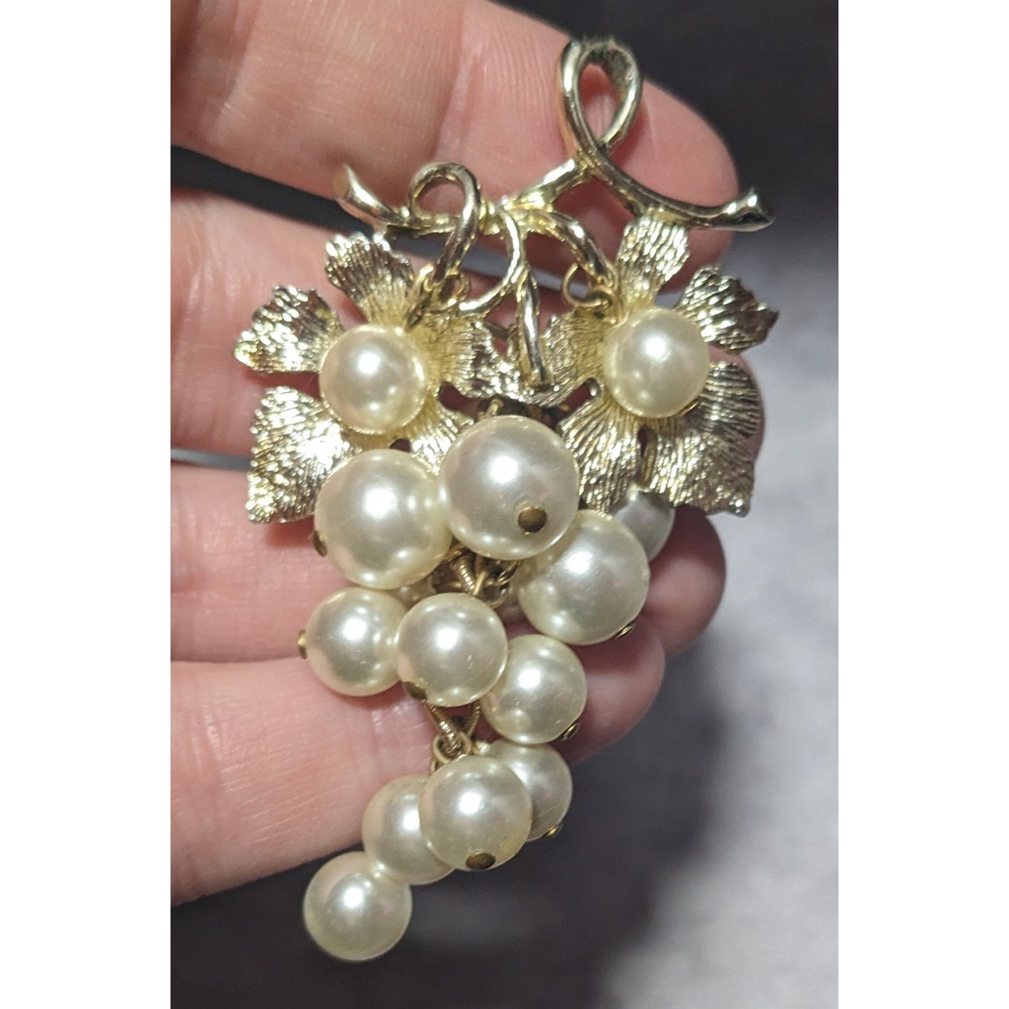 Vintage Glam Grape Bunch Faux Pearl Light Gold Tone Brooch