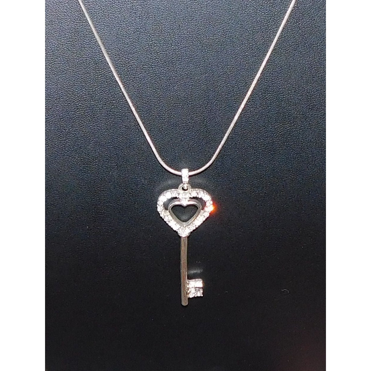 Whimsical Heart Key Necklace Silver Tone With Rhinestones