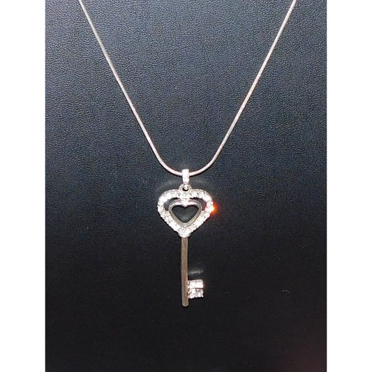 Whimsical Heart Key Necklace Silver Tone With Rhinestones