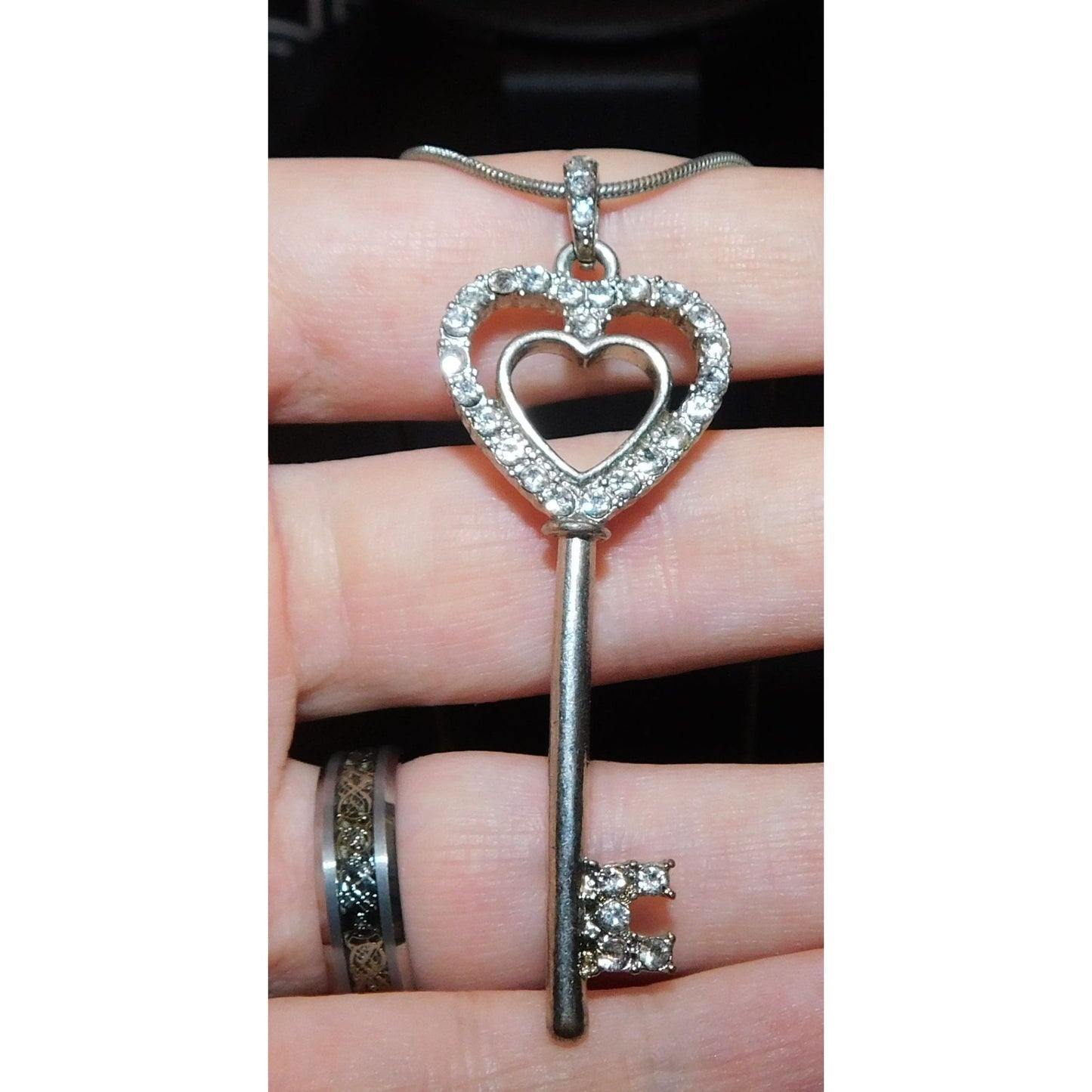 Whimsical Heart Key Necklace Silver Tone With Rhinestones