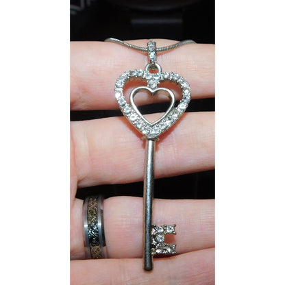 Whimsical Heart Key Necklace Silver Tone With Rhinestones