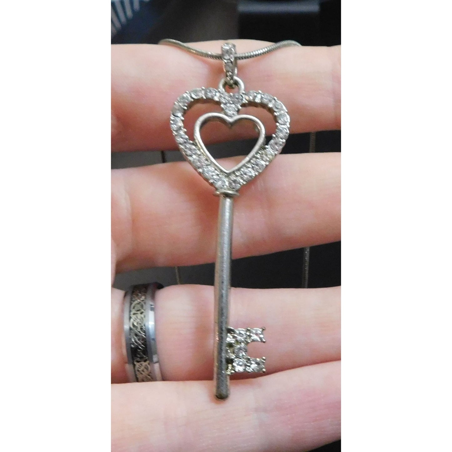 Whimsical Heart Key Necklace Silver Tone With Rhinestones