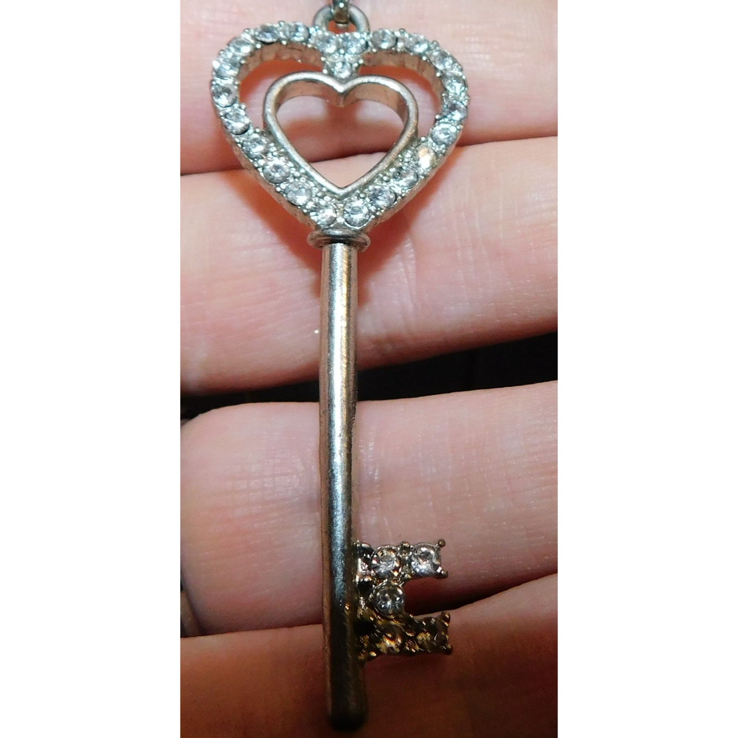 Whimsical Heart Key Necklace Silver Tone With Rhinestones