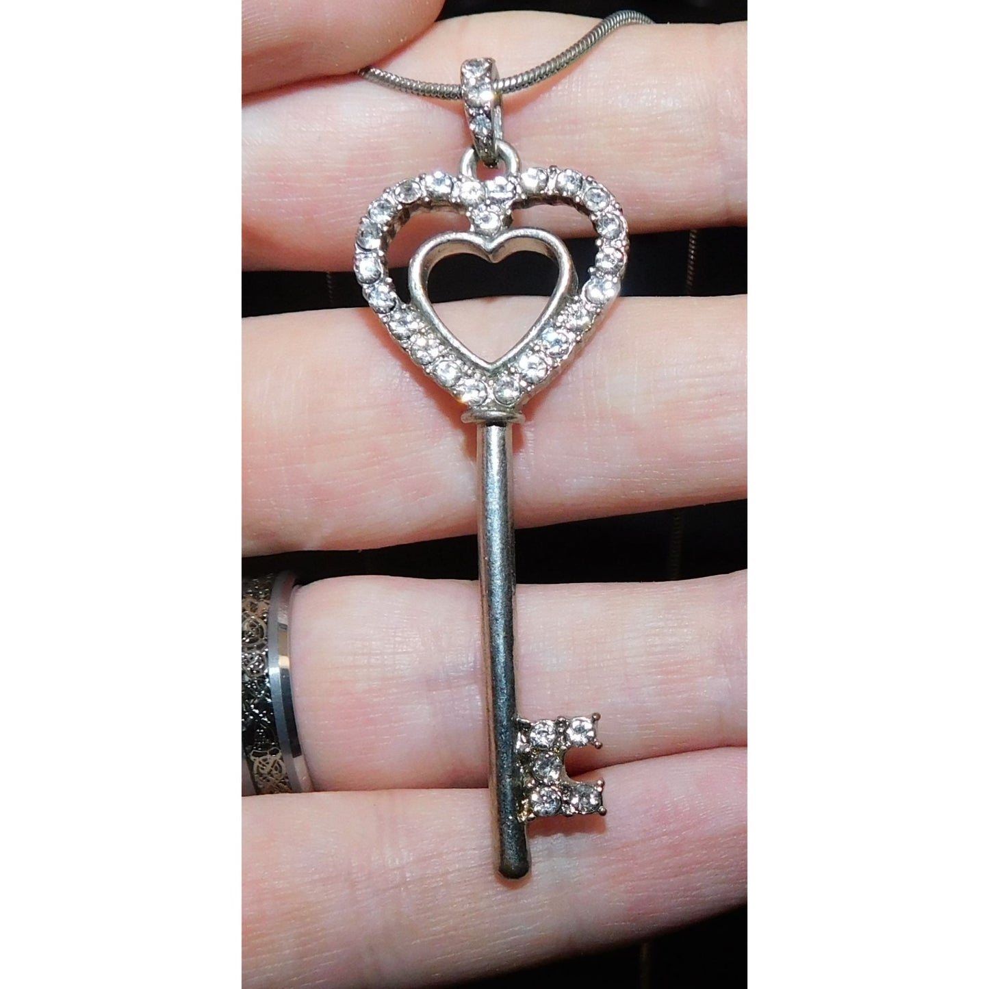 Whimsical Heart Key Necklace Silver Tone With Rhinestones