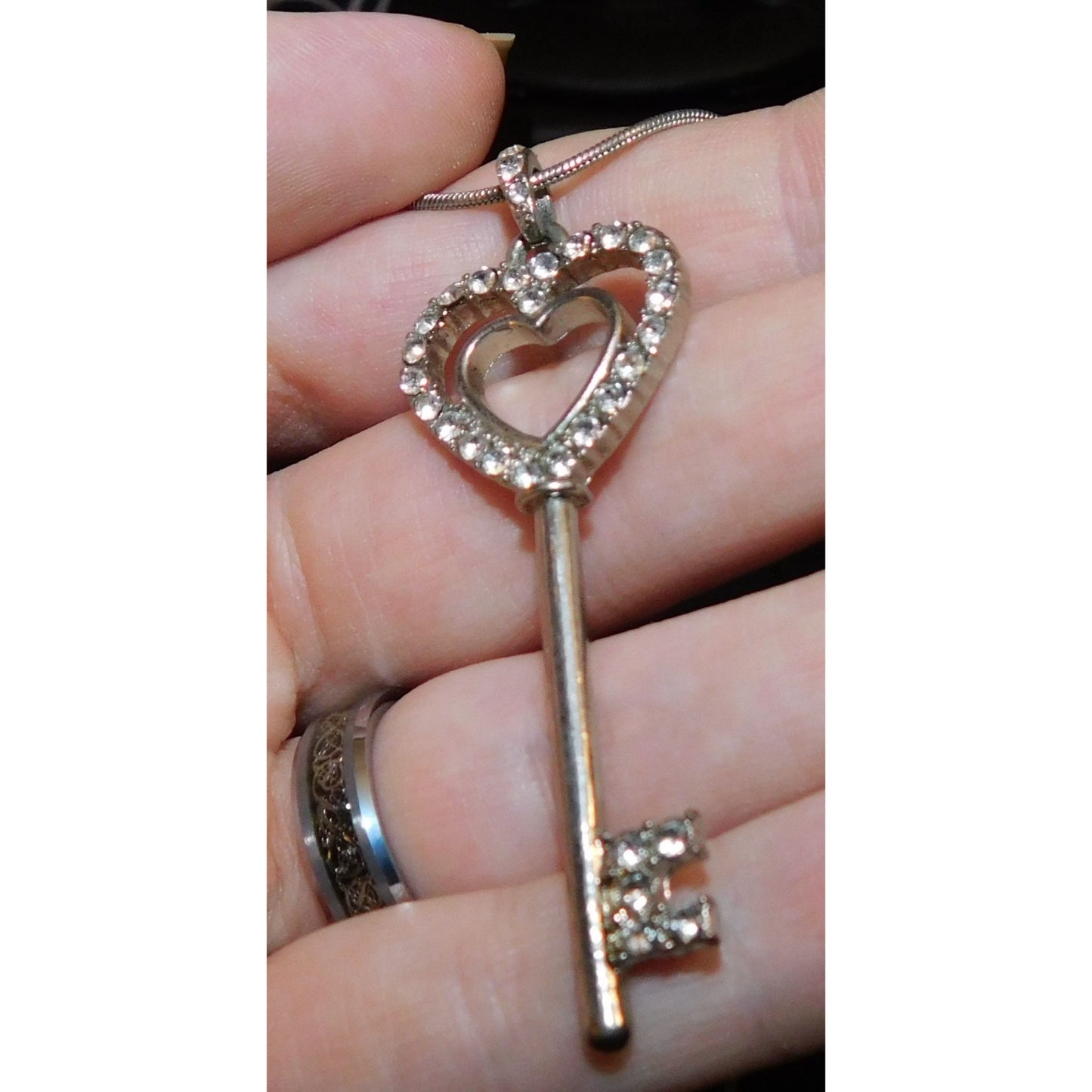 Whimsical Heart Key Necklace Silver Tone With Rhinestones